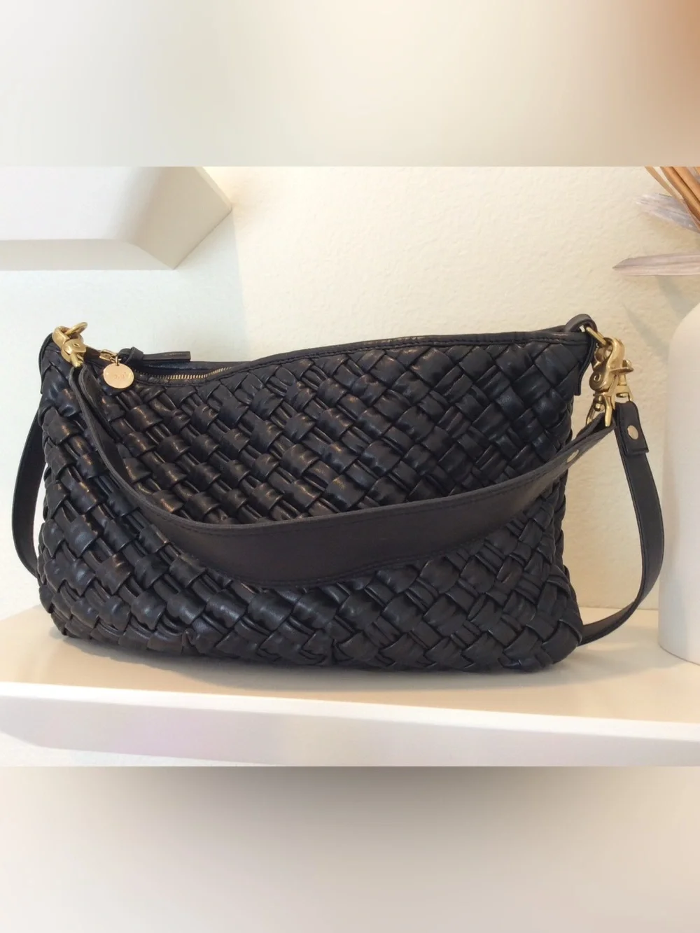 Clare V. Moyen Messenger Black Puffy Woven Leather Crossbody Bag